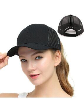 〽️Women 16 Black High Ponytail Baseball Cap Trucker Bad Hair Day Adjustable